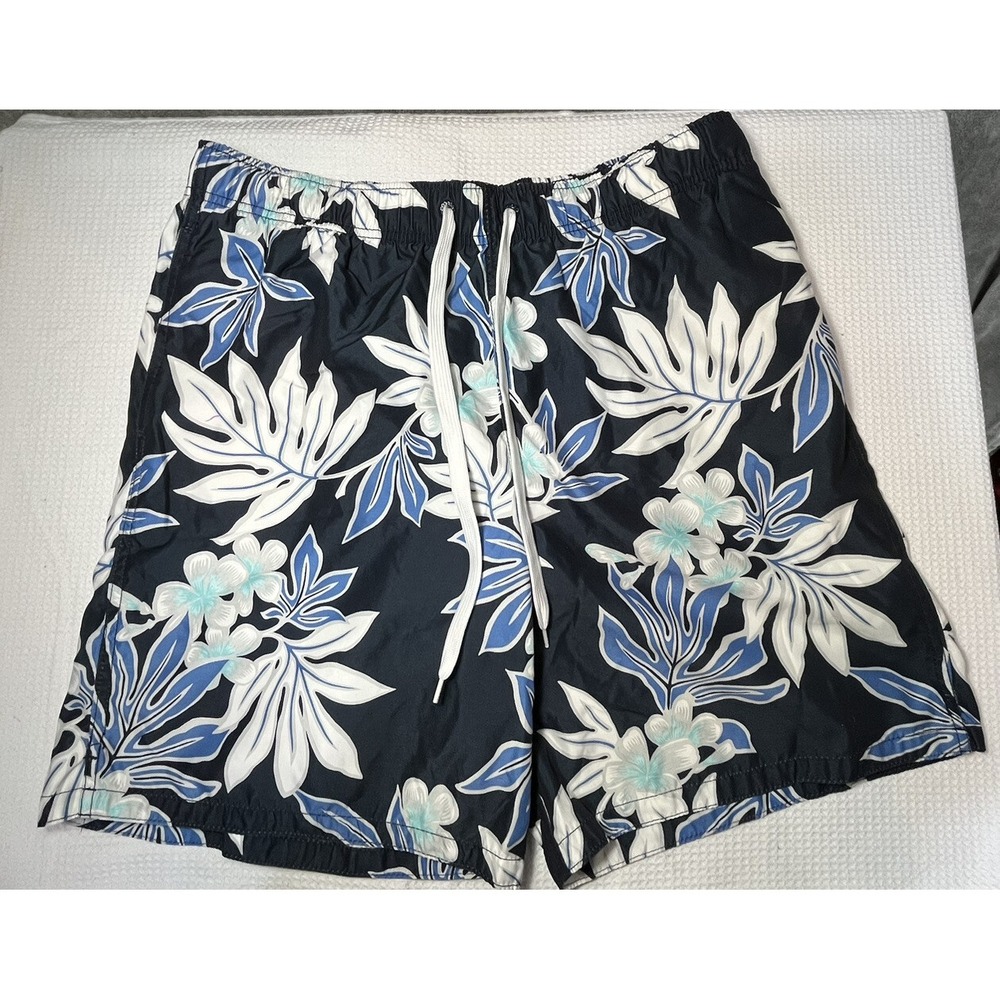 Merona‎ men blue L swim suit trunks shorts floral tropical mesh lined elastic